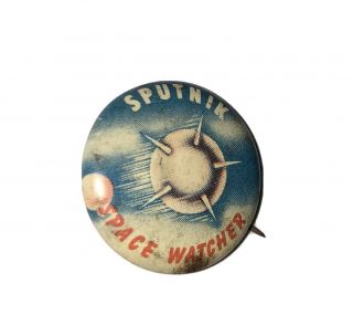 Vintage Sputnik Space Watcher Sci Fi Pinback Button Pin Green Duck Chicago Usa