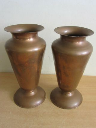 Pair Antique Large Copper Arts & Crafts Era Footed Vases 14 "