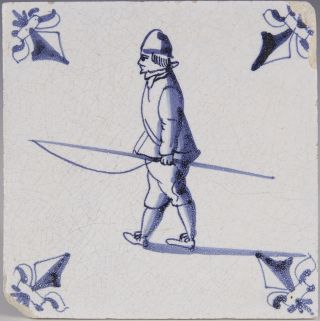 Dutch Delft Blue Tile,  Man With Fishing Rod,  18th Century.