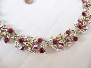 Vintage Lisner Ruby Red & Aurora Borealis Rhinestone Necklace Gorgeous