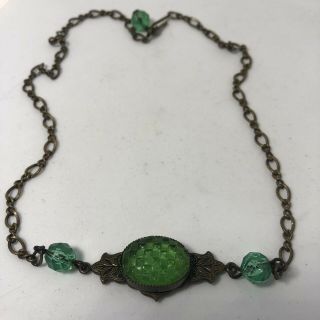 Vintage Antique Art Deco Necklace Green Waffle Glass 14” 3