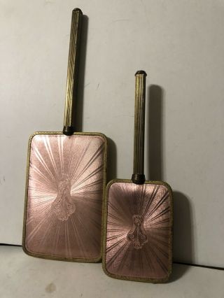 Vintage Art Deco Dresser Mirror & Brush Vanity Set Pink With Gold