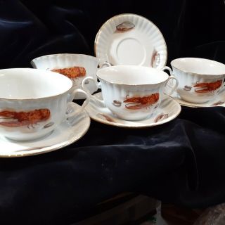 Antique Wawel Porcelain China - Lobster & Clams - Set Of 4 Cream Soups W/saucers