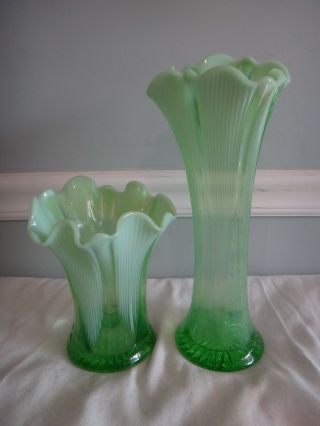 Antique Pair Northwood Green Opalescent Carnival Glass Vase Depression