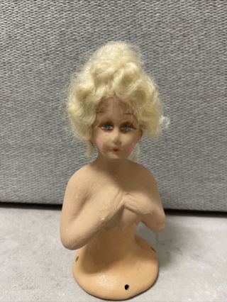 Vintage Pin Cushion Nude Lady Half Doll Porcelain Ceramic Bisque Blonde Hair