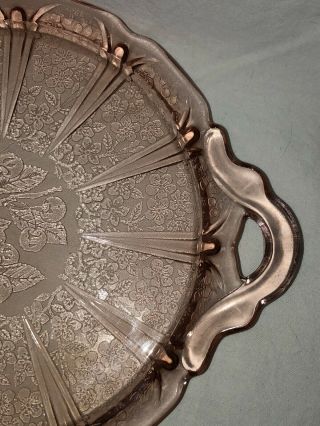 12.  5” Vintage Jeanette Cherry Blossom Pink Depression Glass Cake Plate w/Handles 2