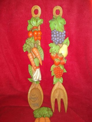 Vintage Syroco Spoon and Fork Set Fruit Vegetable Kitchen Wall Decor 70 ' s Retro, 2