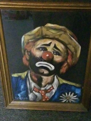 Signed Petrella Sad Clown Emmett Kelly Oil Painting Framed Vintage
