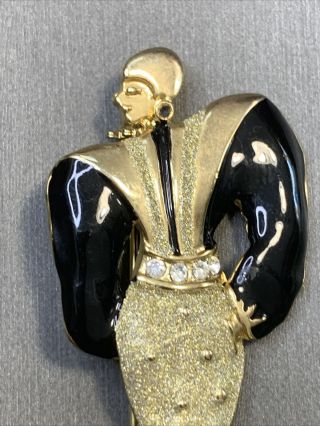 Vintage Pin Brooch Black gold rhinestone enamel high fashion couture Lady 3
