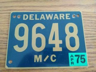 1975 Delaware Motorcycle License Plate Registration Cycle M/c 9648 April Apr