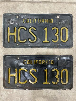 1963 Vintage Pair Black & Yellow California License Plates Hcs 130