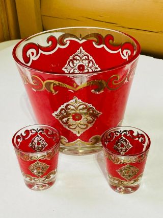 Vintage Starlyte Red & Gold Ice Bucket And Two Shot Glasses
