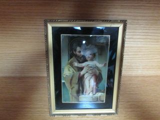 Vintage Framed Picture Of Joseph & Jesus In Carpenter Shop Convex Bubble Glass