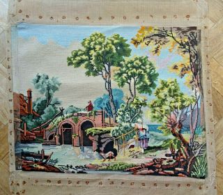 A Large Vintage Completed Wool Tapestry A Village Bridge