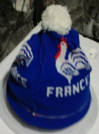France Cockerel Vintage 1980s Knitted Football Or Rugby Ski Hat Bobble Hat
