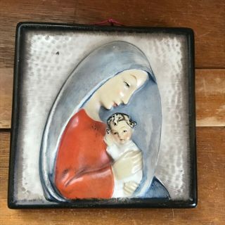 Vintage Small Painted Ceramic Mother Mary & Baby Jesus Square Wall Plaque –