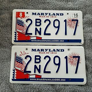 2016 Pair (2) Maryland 1812 License Plate 2 B/n 2917