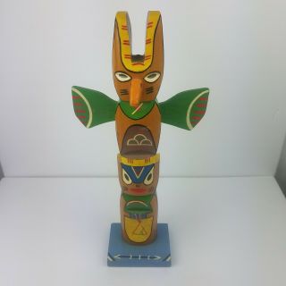 Antique Vintage 19 " Hand Carved Wood Totem Pole American Indian Made 1968 Signed