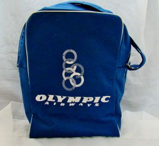 Vintage 1960’s Olympic Airways Blue Vinyl Tote Travel Bag Greek Airline Usa Made