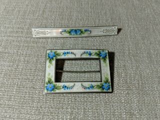 Antique F A Hermann Guilloche Enamel Sterling Buckle & Bar Pin Set Forget Me Not