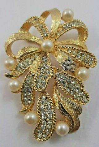 Vintage Costume Jewellery - Large Pearl And Gold Tone Brooch/pin