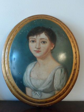 19th Antique Large French Portrait Oil Painting Noble Lady