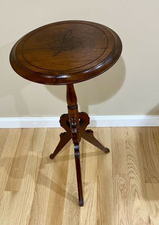Antique Wood Decorative Pedestal Accent Table.  Carved Leaf.  Plant Stand.  31” Tall