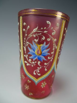Antique Bohemian Moser Cranberry Hand Painted Enamel Glass Tumbler Signed