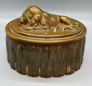 Antique Sleeping Lion Food Pudding Mold Copper Tin Patina Victorian