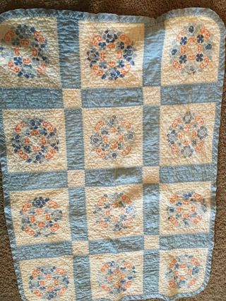 Vintage Small Handsewn Quilt,  Cross Stitched Blocks And Quilted
