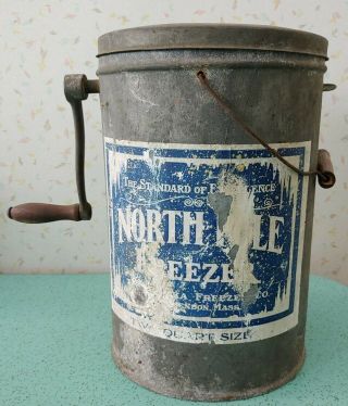 Vintage Metal North Pole Freezer Ice Cream Maker Hand Crank Churn 2 Quart