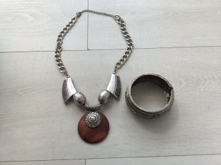Vintage Style Boho Tribal Pendant Silver Tone & Cuff Bracelet