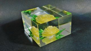 Vintage Yellow Rose Flower Lucite Paperweight