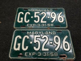 Vintage Matching Set 1957 - 1958 Maryland License Plates 1 Pair Gc - 52 - 96 Antique