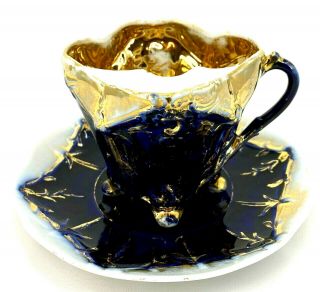 Antique Victorian Mustache Cup & Saucer Blue,  Gold Trim No Chips 4 Footed Feet