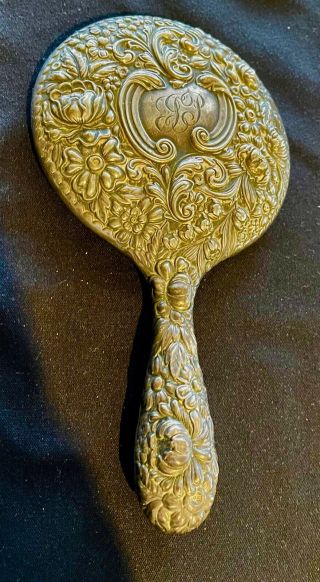 Antique Gorham Repousse Sterling Silver Large Hand Mirror - 10 "