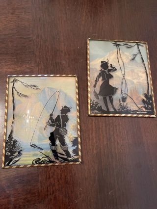 2 Vintage Silhouette Camping Couple Reverse Painted Convex Glass Framed Pictures