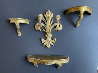 WOW Vintage ITALY Gold Gilt CARVED Wall Sconce Shelf Antique WOOD Florentine 2