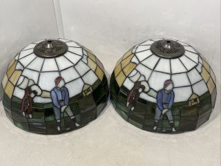 Vintage Tiffany Style Leaded Stained Glass Bowl Lamp Shades Pair Golf Motif