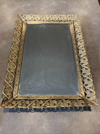 Vintage Gold Metal Filigree Vanity Mirror Ornate Rectangle Display