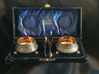 Antique American Silver Plated Set Of Two Salts Cellars Spoons & Box