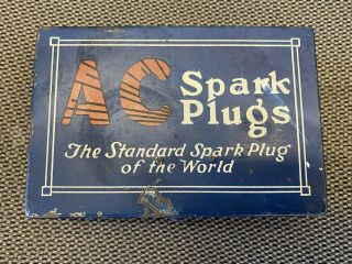 Vintage Ac Spark Plugs Tin Box W/ Attached Lid " The Standard Plug Of The World "