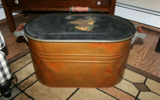 Primitive Antique Vintage Copper Boiler Wash Tub W/lid & Wood Handles - Country