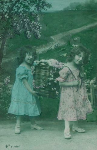 Vintage Hand - Coloured Real Photo Pretty Girls & Flowers Postcard - Brunswick Vic