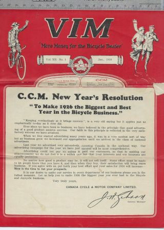 Canada Cycle & Motor Co.  Vim Ccm Bicycle Trade Publication Jan 1926 Cgb