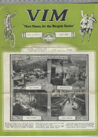 Canada Cycle & Motor Co.  Vim Ccm Bicycle Trade Publication Apr 1924 Cgb