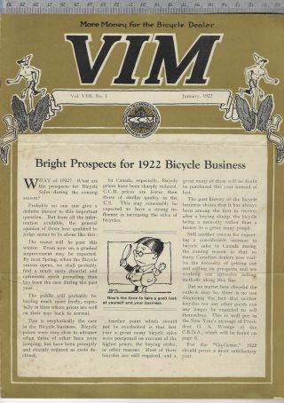 Canada Cycle & Motor Co.  Vim Ccm Bicycle Trade Publication Jan 1922 Cgb