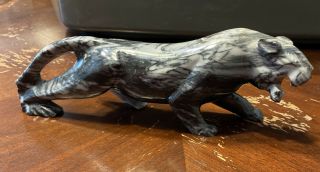 Vintage Marble 10 " Long Panther Carved Sculpture Statue Grey/black Cat