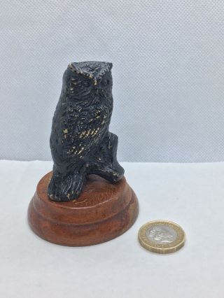 Unusual Antique / Vintage Heavy Metal Owl On Wooden Base Painted