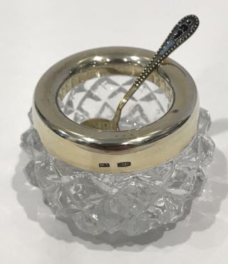 Vintage Russian Soviet 875 Silver Rim Crystal Glass Salt Cellar Enamel Spoon